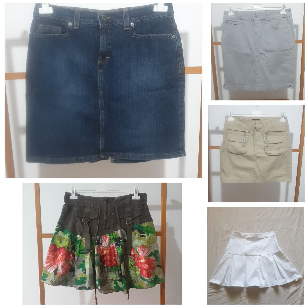 Pack 5 jupes mini taille 38=jupe jean tommy+jupe style vintage jamais porté+jupe jean gris clair+jupe cargo tommy beige +jupe blanc shein