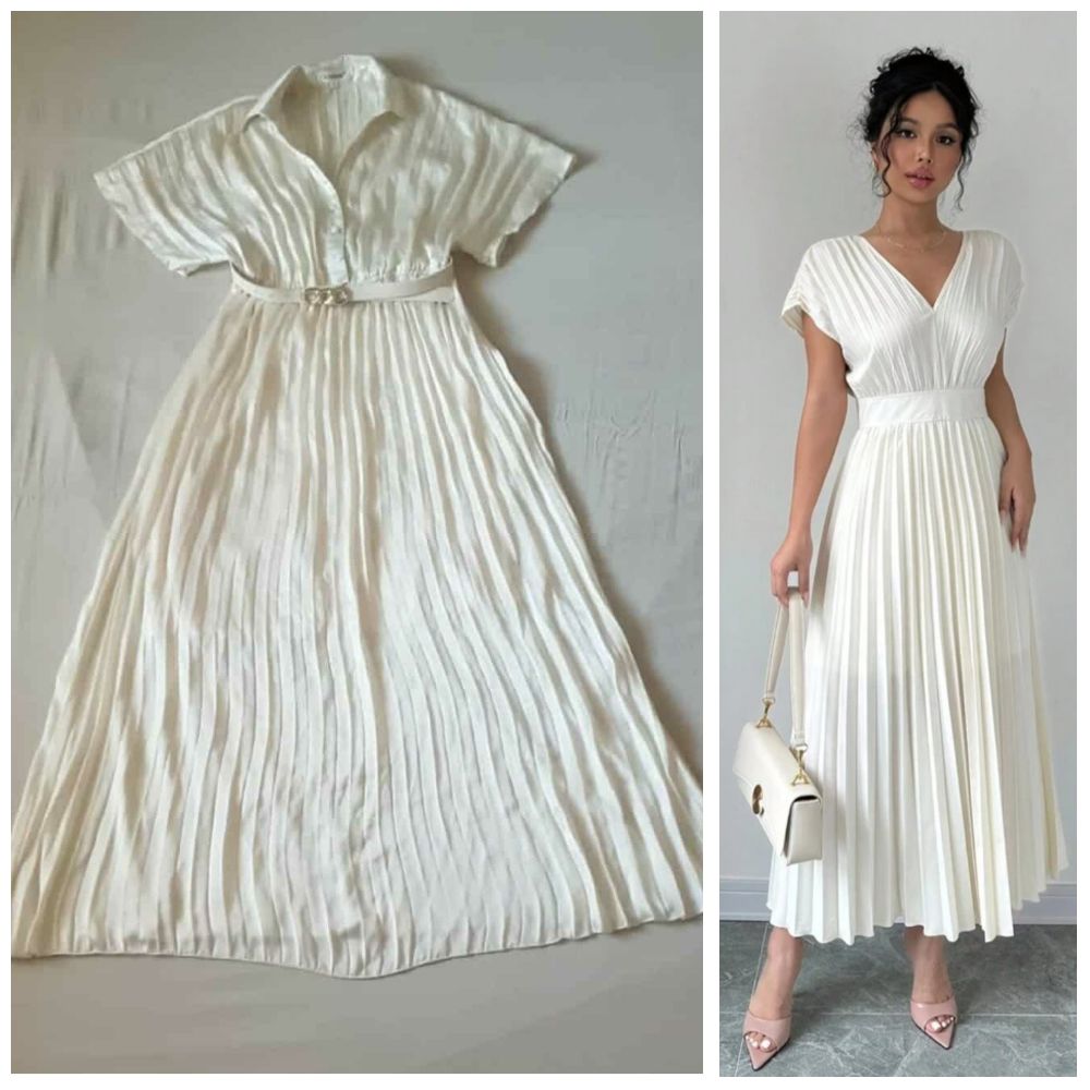 Robe soirée plissée beige clair soirée importé twila w effet satinée  taille L w tlabes 7ata lel 42 made in turkey 