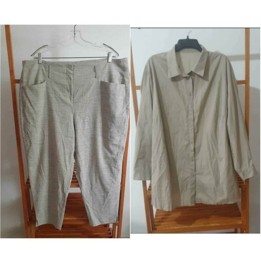 Lot taille 52=pantalon tissu 9omech mtin mta3 tawa+chemise beige twila