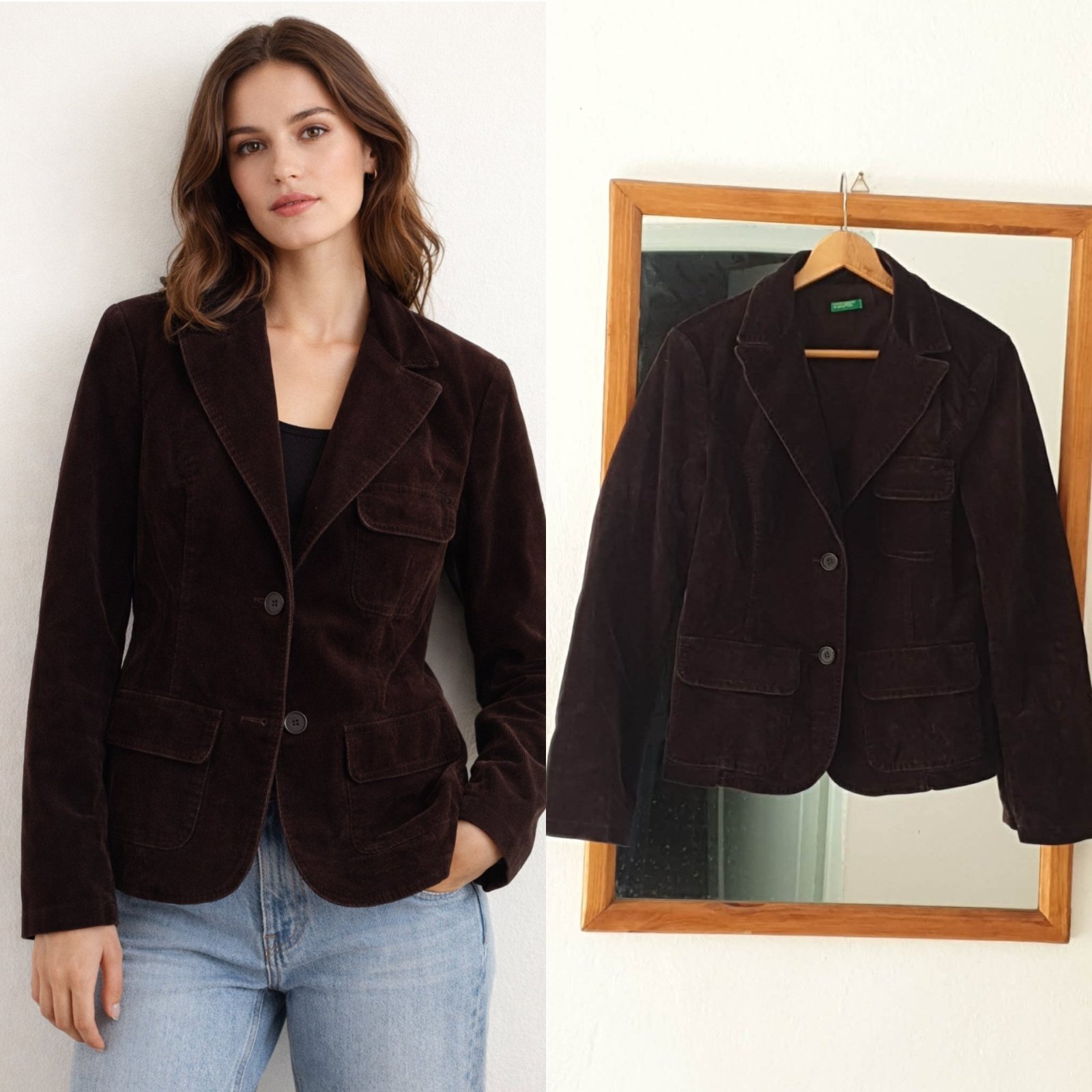 Veste blazer en velours cotele marron chocolat marque benetton sans ticket de taille mais tlabes entre taille 36-38