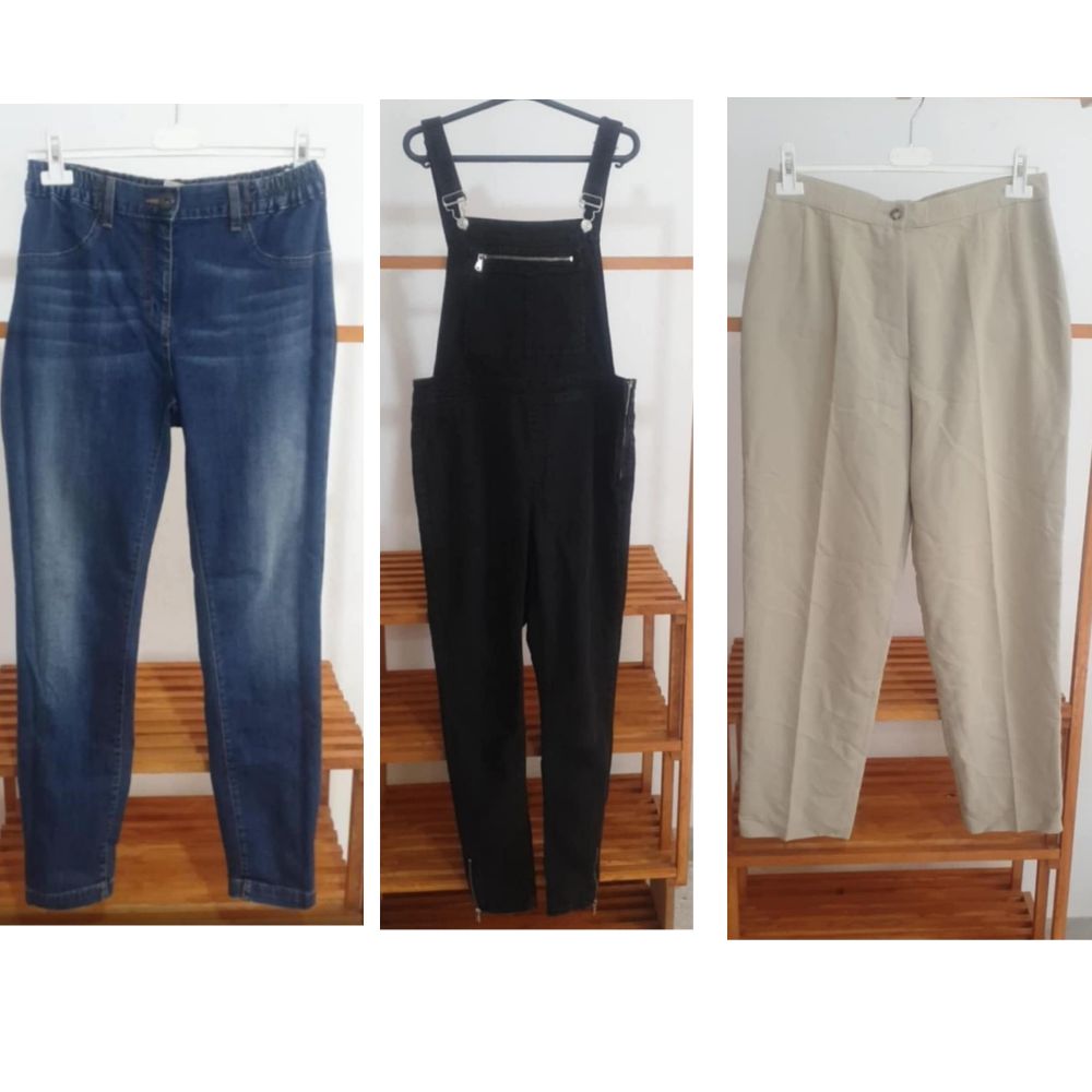 Lot 3 articles taille 40=pantalon jeans+salopette noir/gris h&m+pantalon beige tissu 9omech 