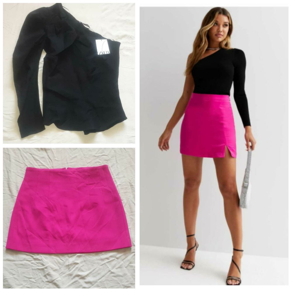 Outfit zara taille 38=blouse zara shoulder 77% lin jamais porté +jupe rose fushia neuf