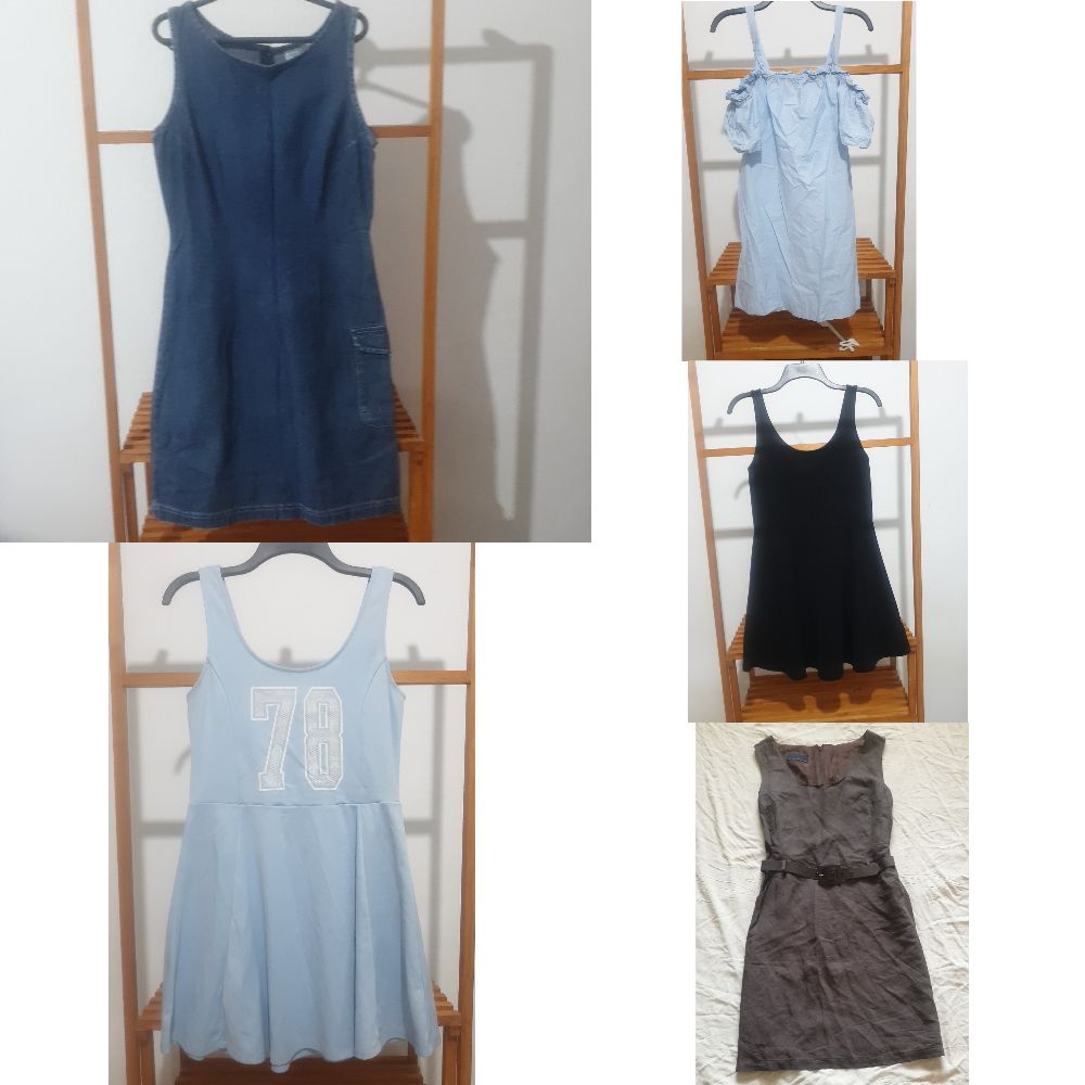 Pack 5 robes mini taille 38=robe jeans+robe noir basic h&m+robe bleu pastel h&m+robe bleu pimkie+robe marron avec ceinture w poches 
