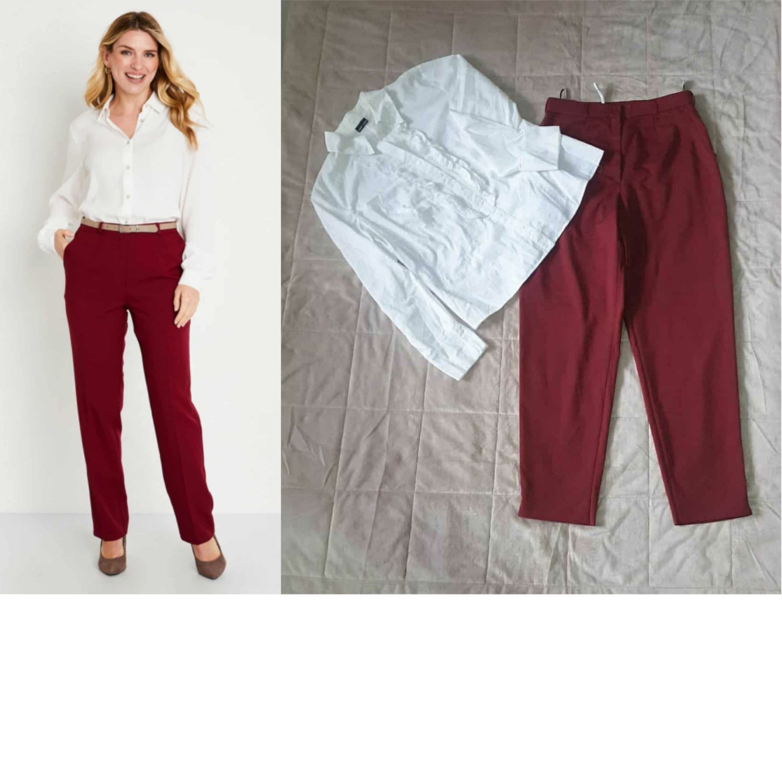 Outfits taille 42=pantalon rouge bordeaux + chemise blanc sans ticket de taille mais tlabes taille 42