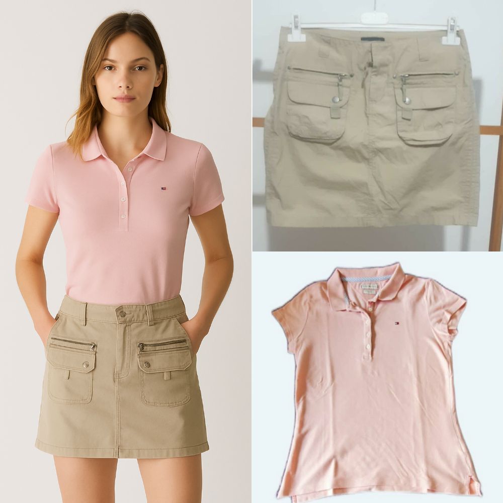 Lot tommy jupe cargo beige + pull rose ylabso taille 34-36 