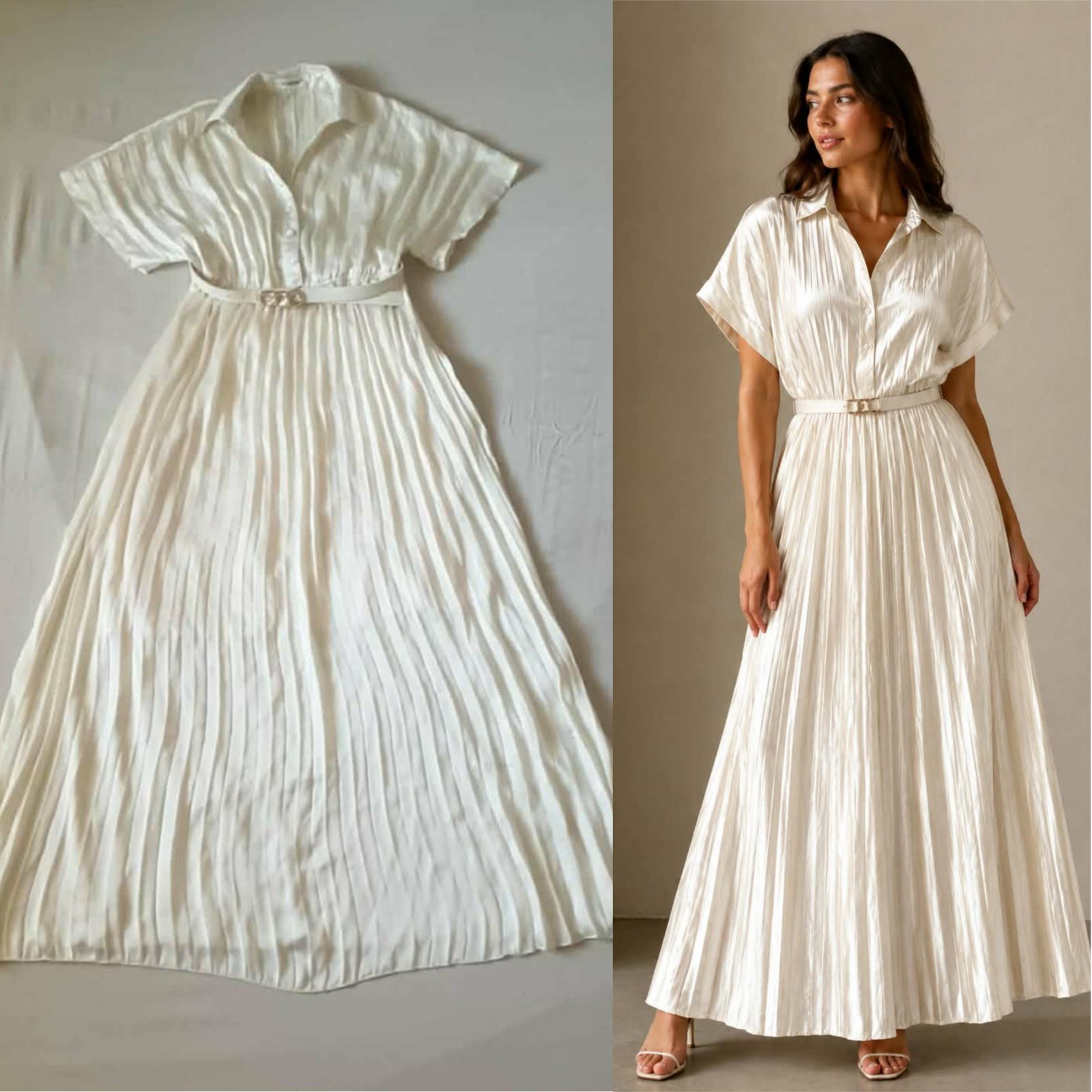 RobeRobe soirée plissée beige clair soirée importé twila w effet satinée  taille L w tlabes 7ata lel 42