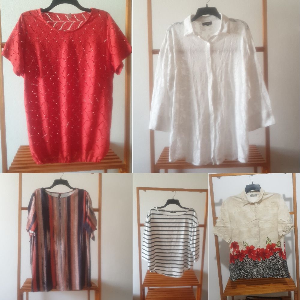 Pack taille 42= blouse rouge+t-chemise blanc dentelle bkoleha+pull oversize+pull rayée shein manches 3/4+chemise 