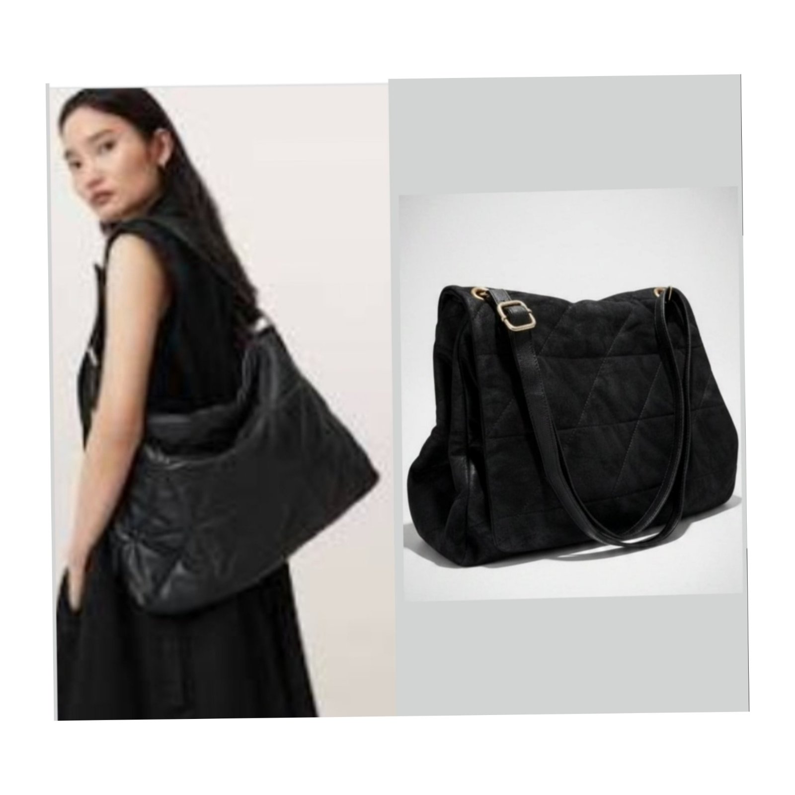 Grand sac à main noir matelassé de la marque C&A. Il s'agit d'un modèle d'épaule  doté d'un fini effet velours ou suède noir avec des surpiqûres en diagonales formant un motif géométrique élégant. Largeur 35cm