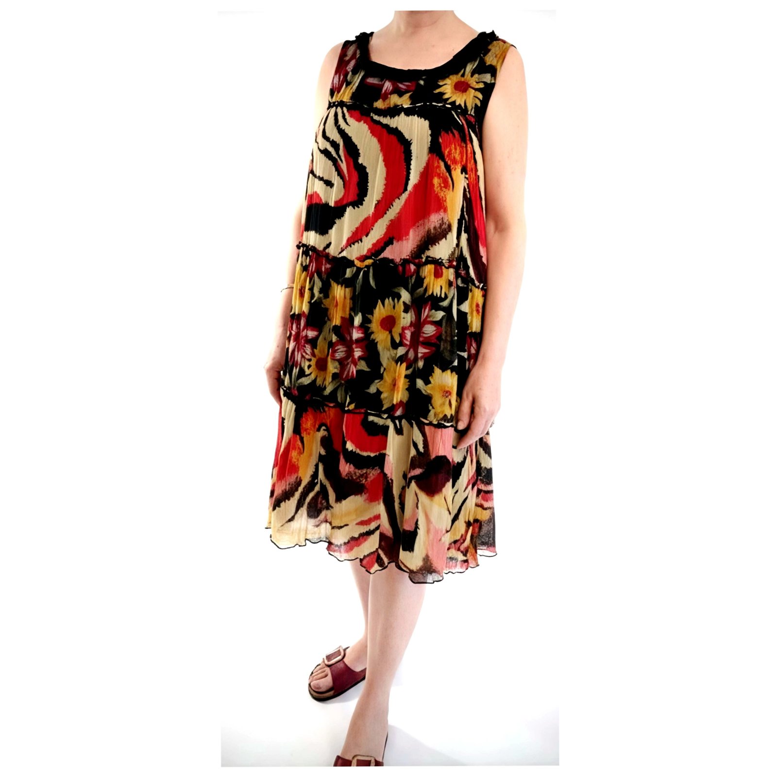 Robe fluide décontracté, mousseline de soie motif floral doublure noir intégré taille L /XL 