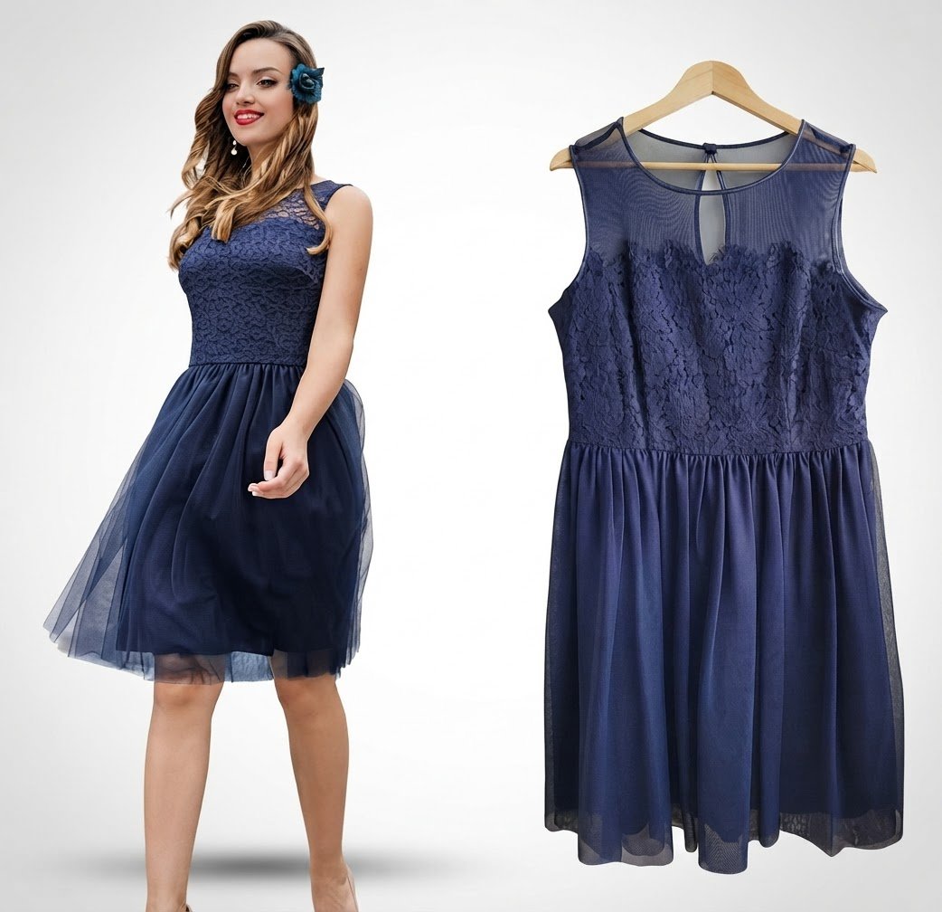 Robe en. Tulle et dentelle lycra bleu marine 