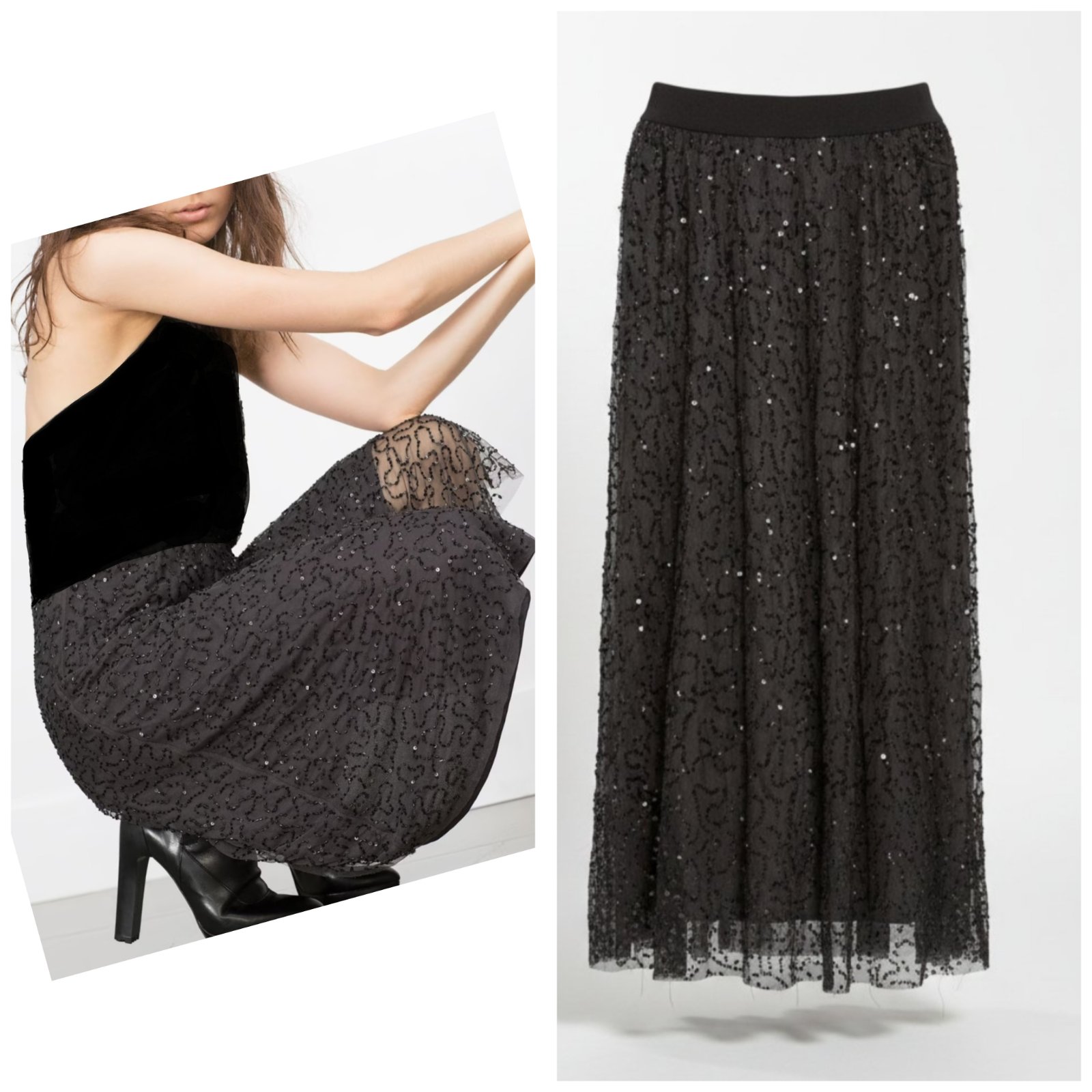 Jupe midi doublé en tulle brodé à paillettes taille élastiqué 