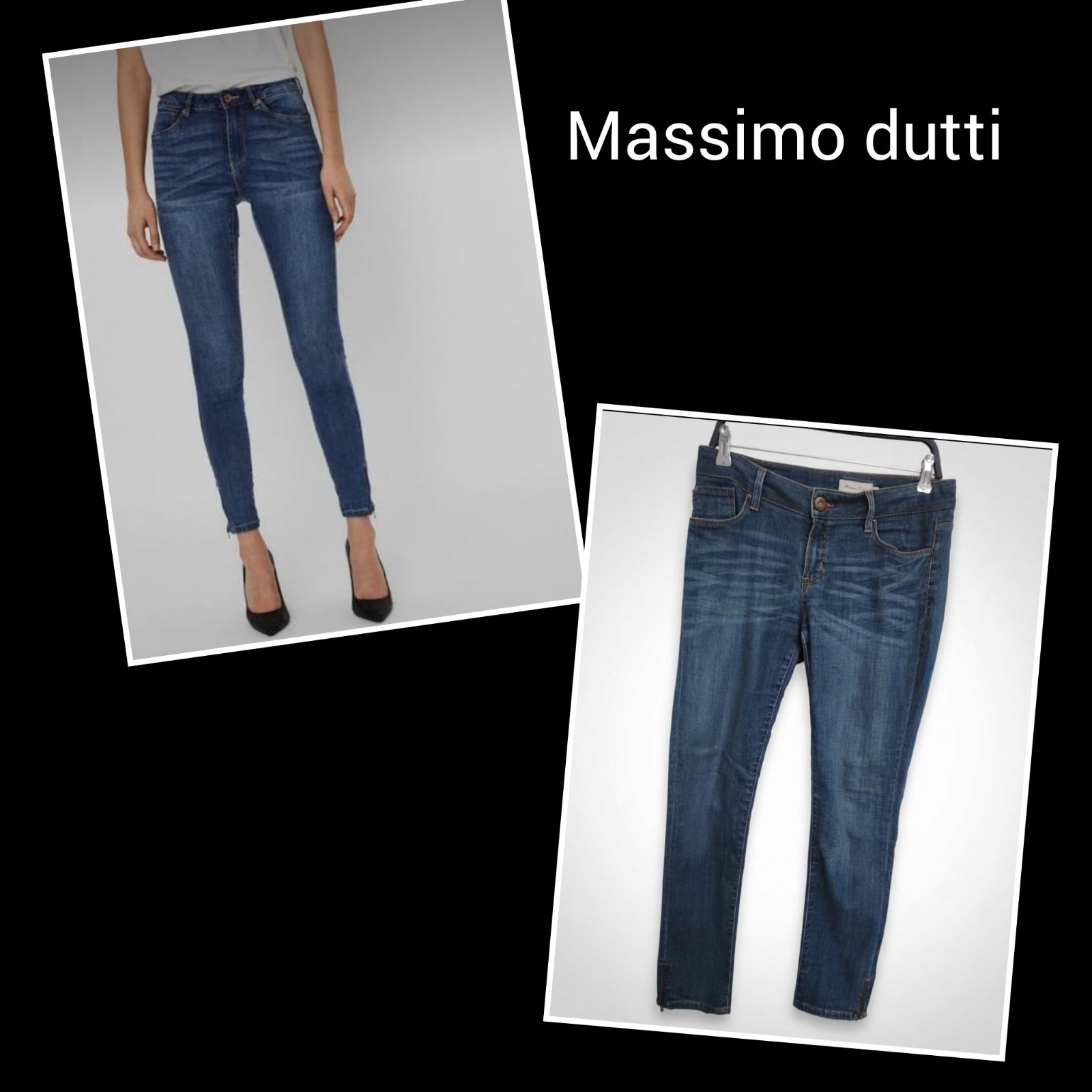 Massimo Dutti  Coupe Skinny / Slim ajusté avec taille haute, Fermetures éclair au bas des jambes et style à 5 poches • Matière : Mélange de coton stretch (souvent 80 % coton, 18 % polyester, 2 % spandex)