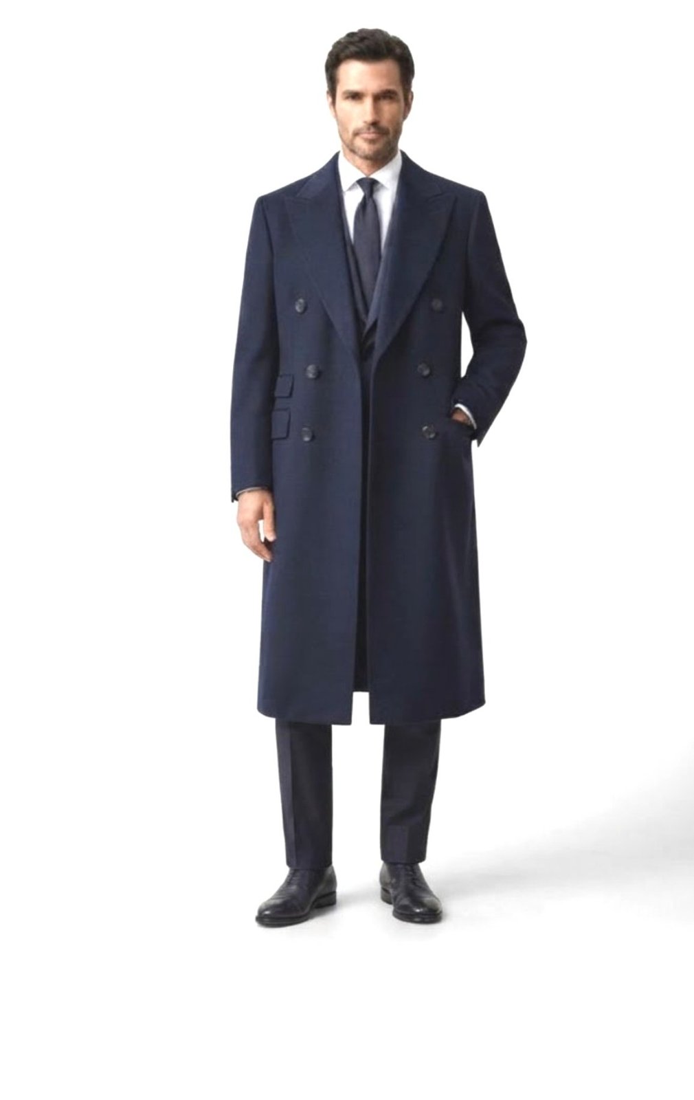 Manteau Homme cachemire laine bleu nuit, fente arrière boutonnage manches 