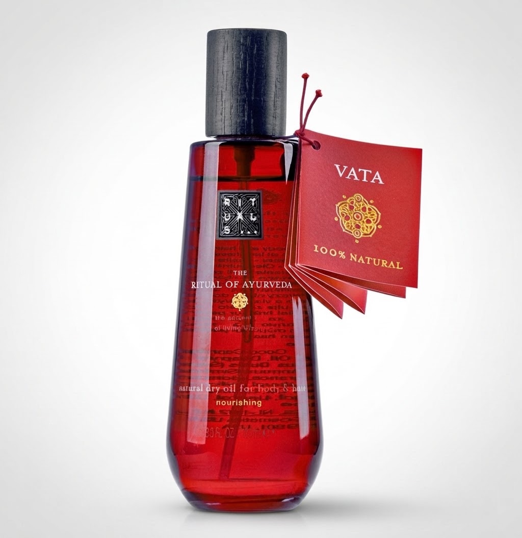 Huile sèche corps et cheveux The Ritual of Ayurveda de Rituals, formulée à base de rose indienne et d'huile d'amande douce.