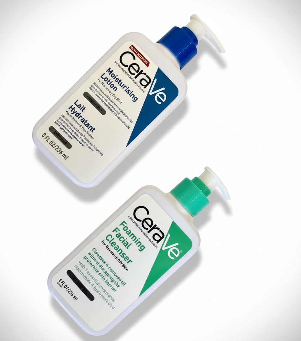 Nettoyants et hydratants de la marque CeraVe, incluant le lait hydratant, la crème lavante hydratante et le gel moussant