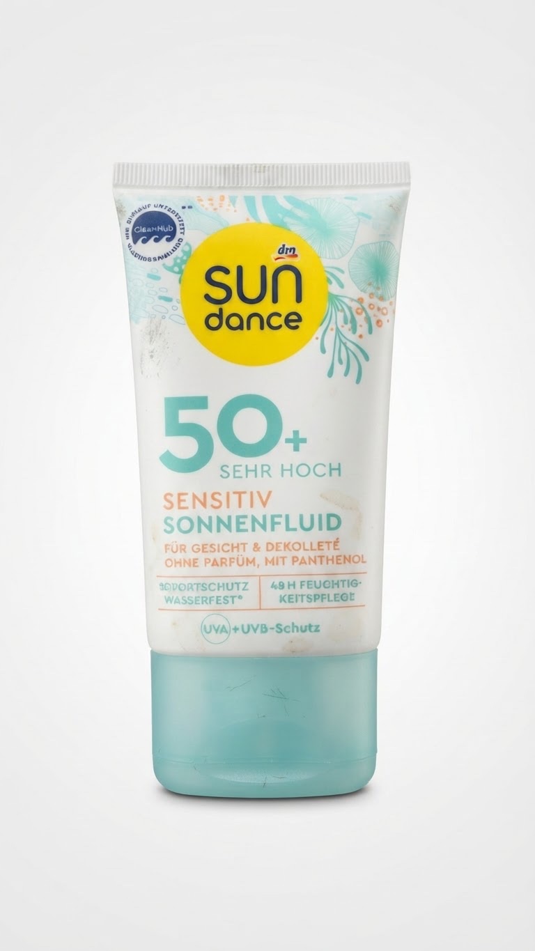 Sundance Fluide Solaire Visage Sensible SPF 50+ (de la marque allemande dm), d'une contenance de 50 ml.