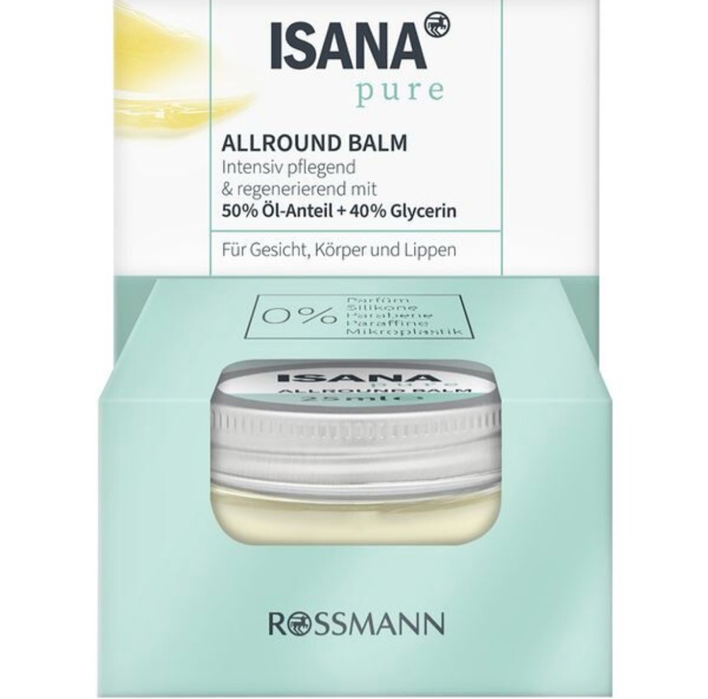    L'article est le baume Isana Pure Allround.  Soin intensif et régénérant. Contient 50 % d'huile et 40 % de glycérine. Pour le visage, le corps et les lèvres. Sans parfum, silicones, parabènes, paraffines ni microplastiques.