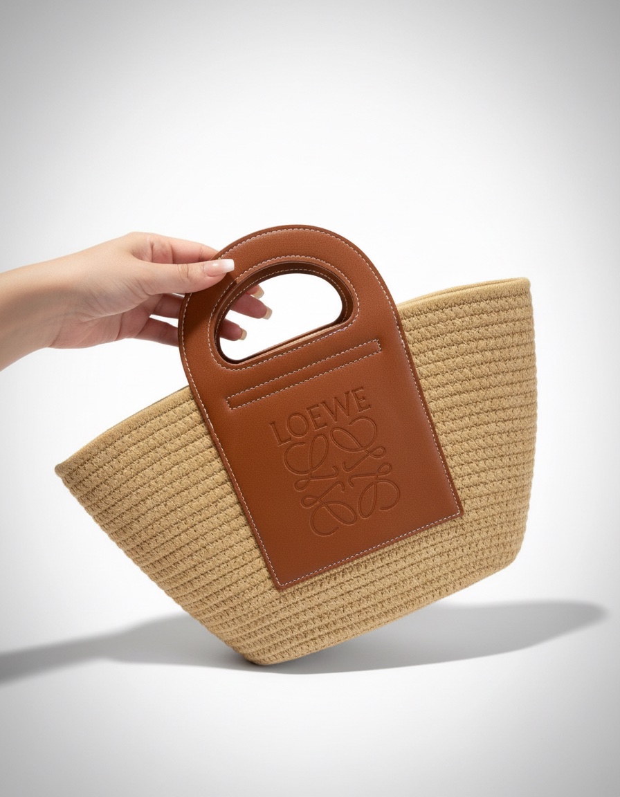 Cabas Loewe en raphia naturel est doté d'un empiècement en cuir marron emblématique gaufré du logo Anagramme.