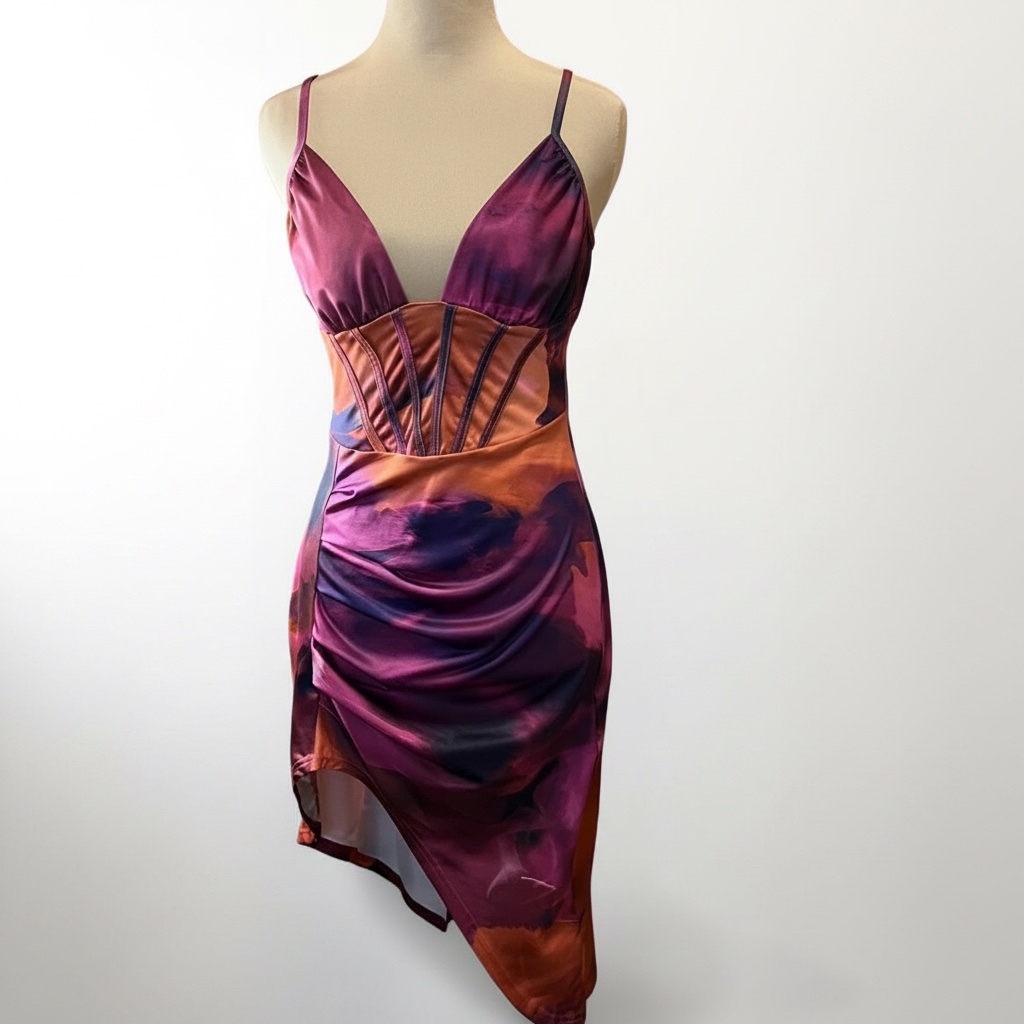 Robe de soirée moulante avec un motif tie-dye et des détails froncés