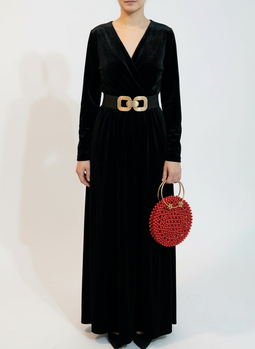 Robe soiree noir en velours avec sac en perle rouge 