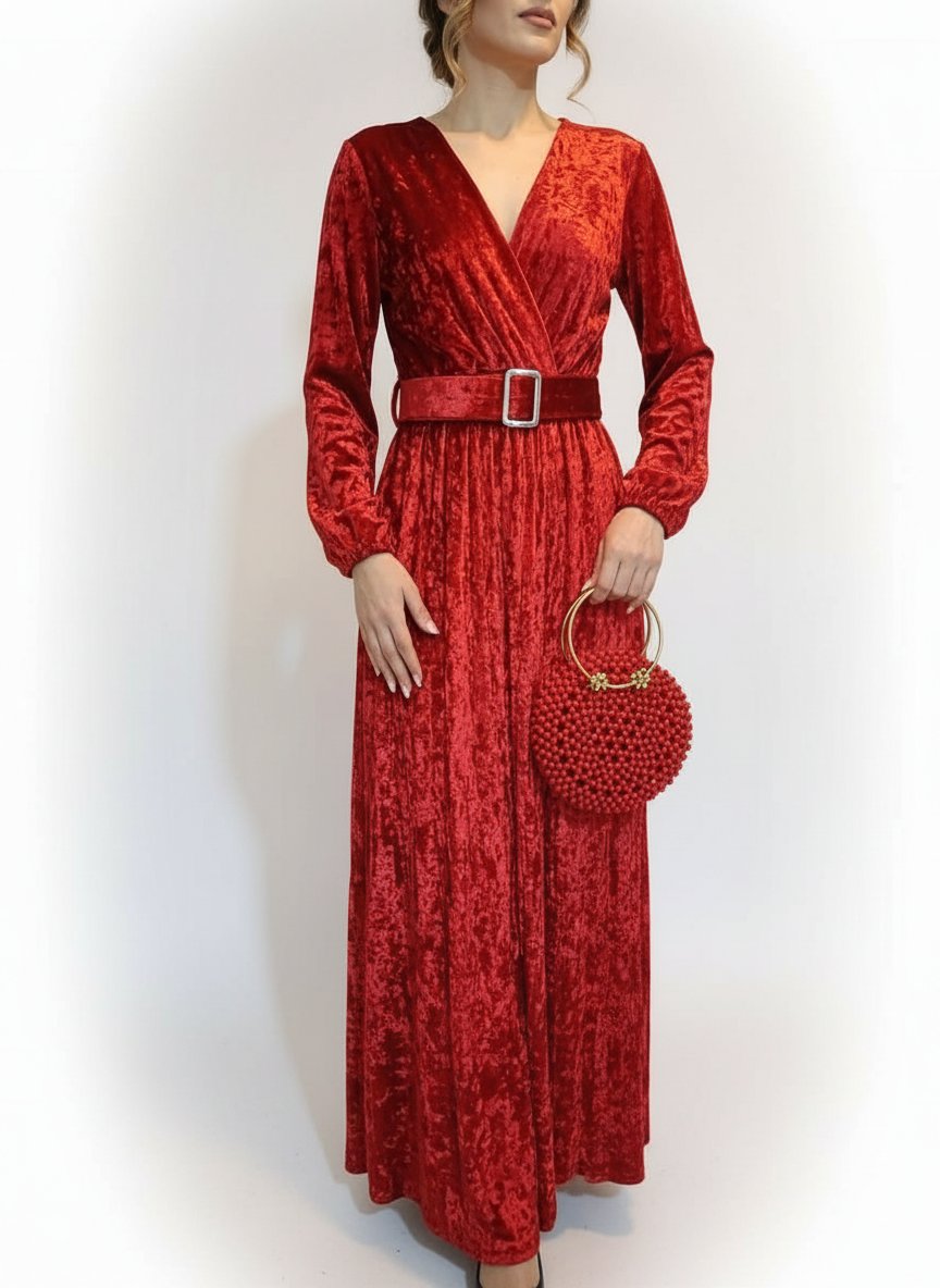 Robe soiree rouge avec sac en perle rouge