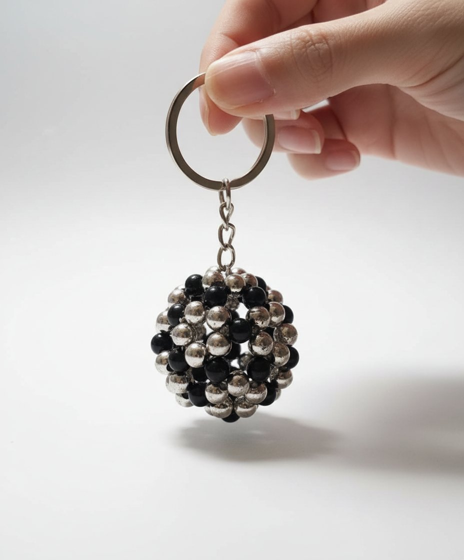 Porte-clé en forme de boule argent et noir
