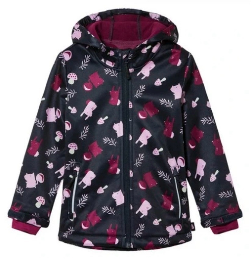 Veste softshell pour fille de la marque Lupilu est conçue avec un motif forestier sur fond bleu Age 2/4