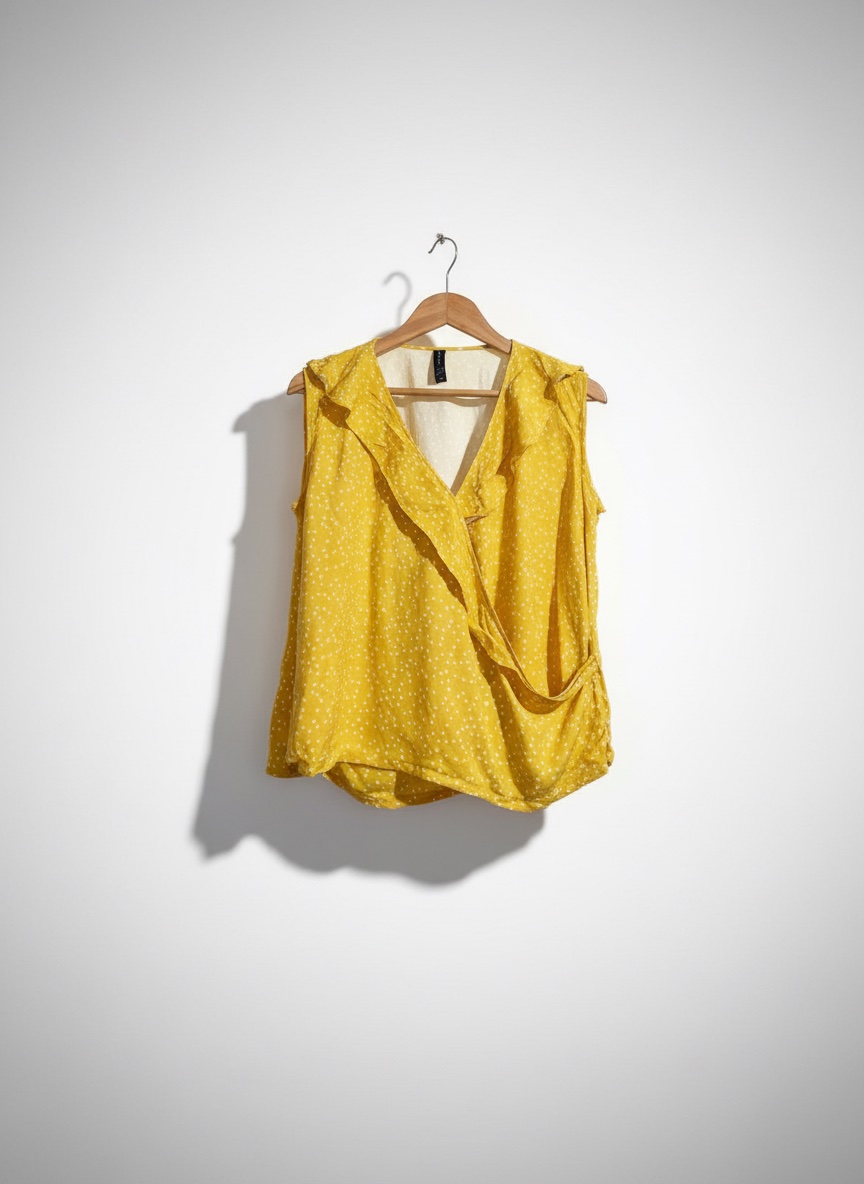 D'un haut sans manches jaune à pois blancs avec un col à volants.