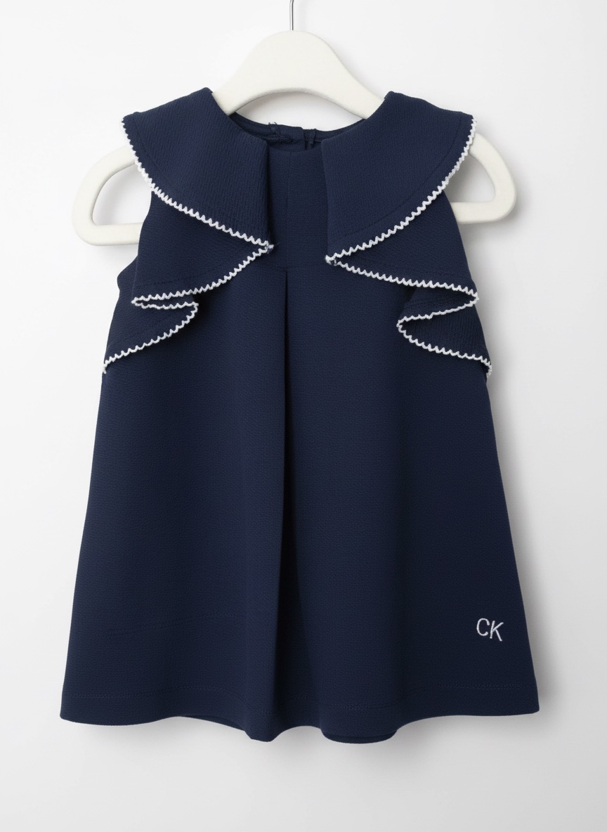 Une robe trapèze de couleur bleu marine de la marque Calvin Klein.