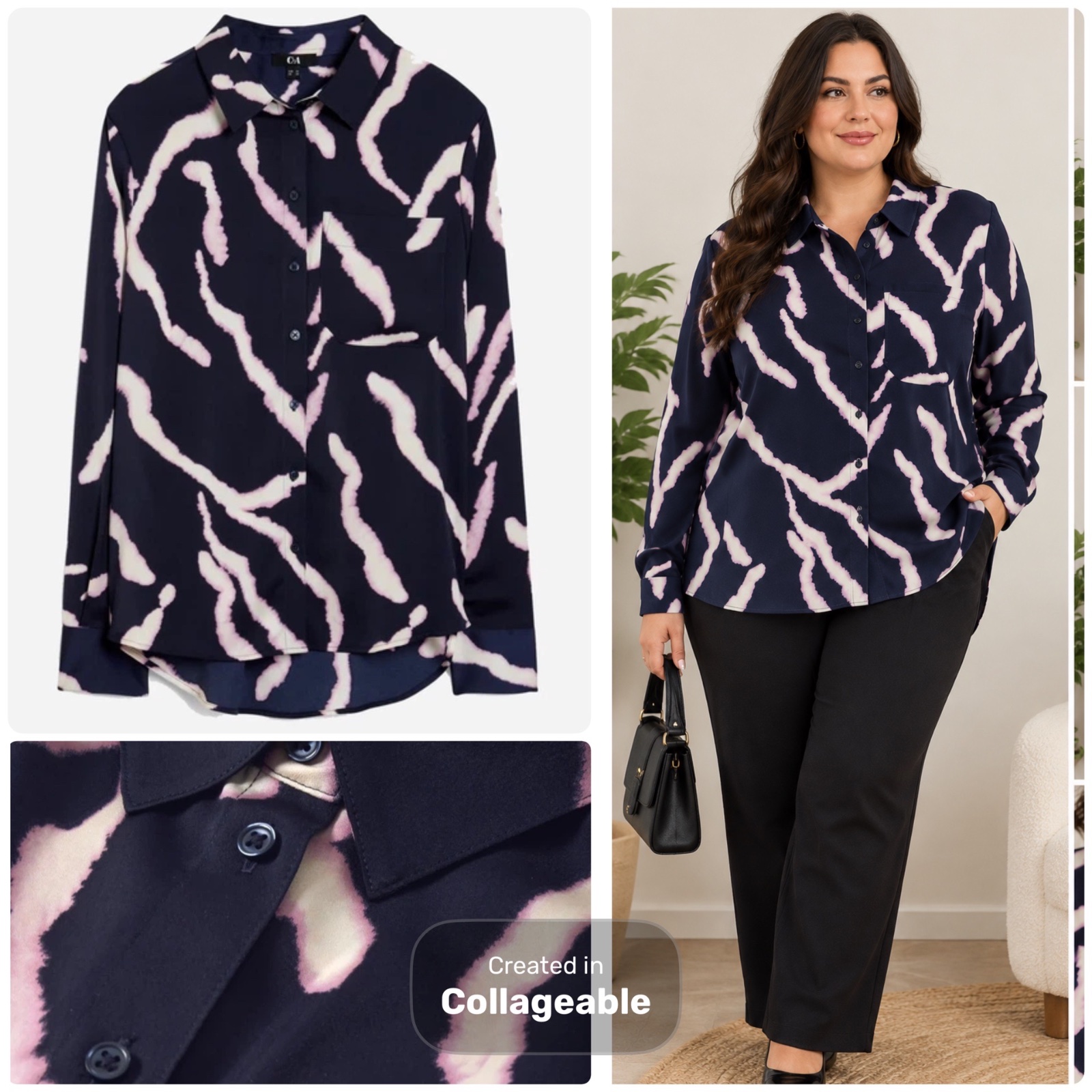 💙Chemise C&A originale 💙 Très joli imprimé bleu marine avec motifs abstraits rose poudré, élégante et facile à porter. Coupe fluide et féminine,  et fermeture boutonnée ❤️❤️