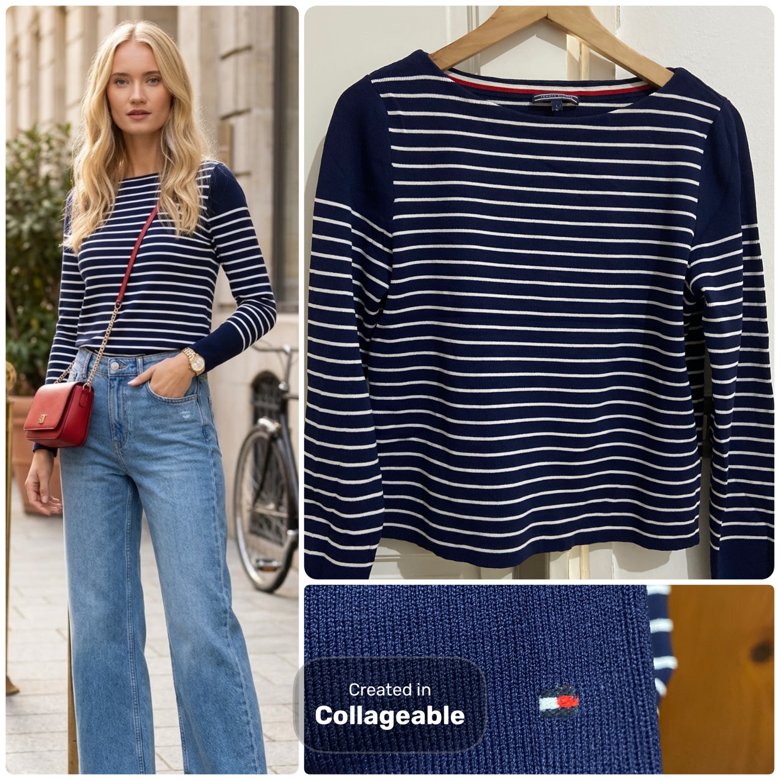 💙Magnifique pull Tommy Hilfiger en excellent etat , aux rayures intemporelles bleu marine et blanc, rehaussé d'une élégante encolure bateau, d'un discret logo brodé sur le poignet , taille L💙