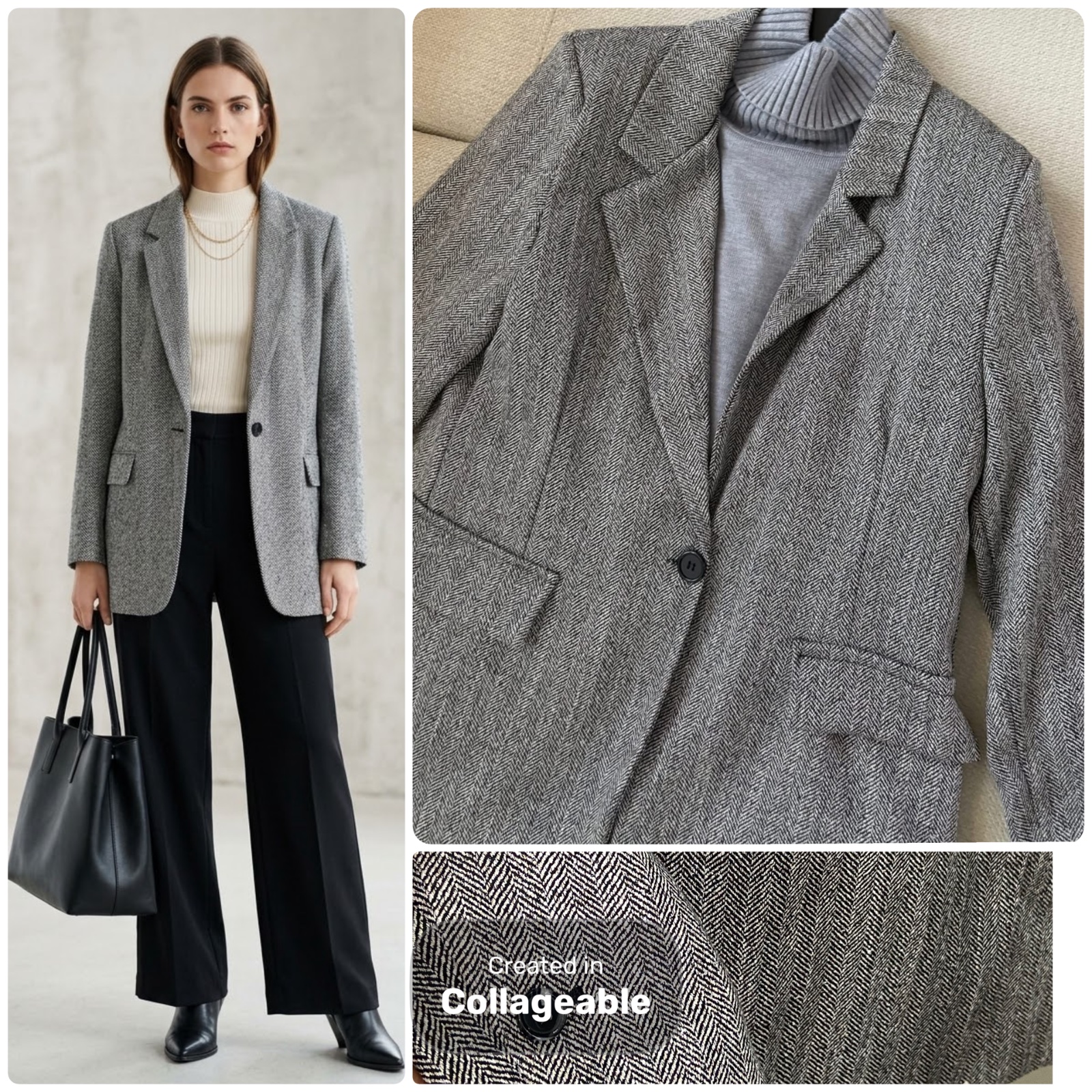 🖤🤍Très joli blazer mi long H&M gris et blanc à motif chevron, avec une coupe élégante et intemporelle. il apporte une belle touche chic aux looks d'automne. Une pièce très tendance cette saison🖤🤍
