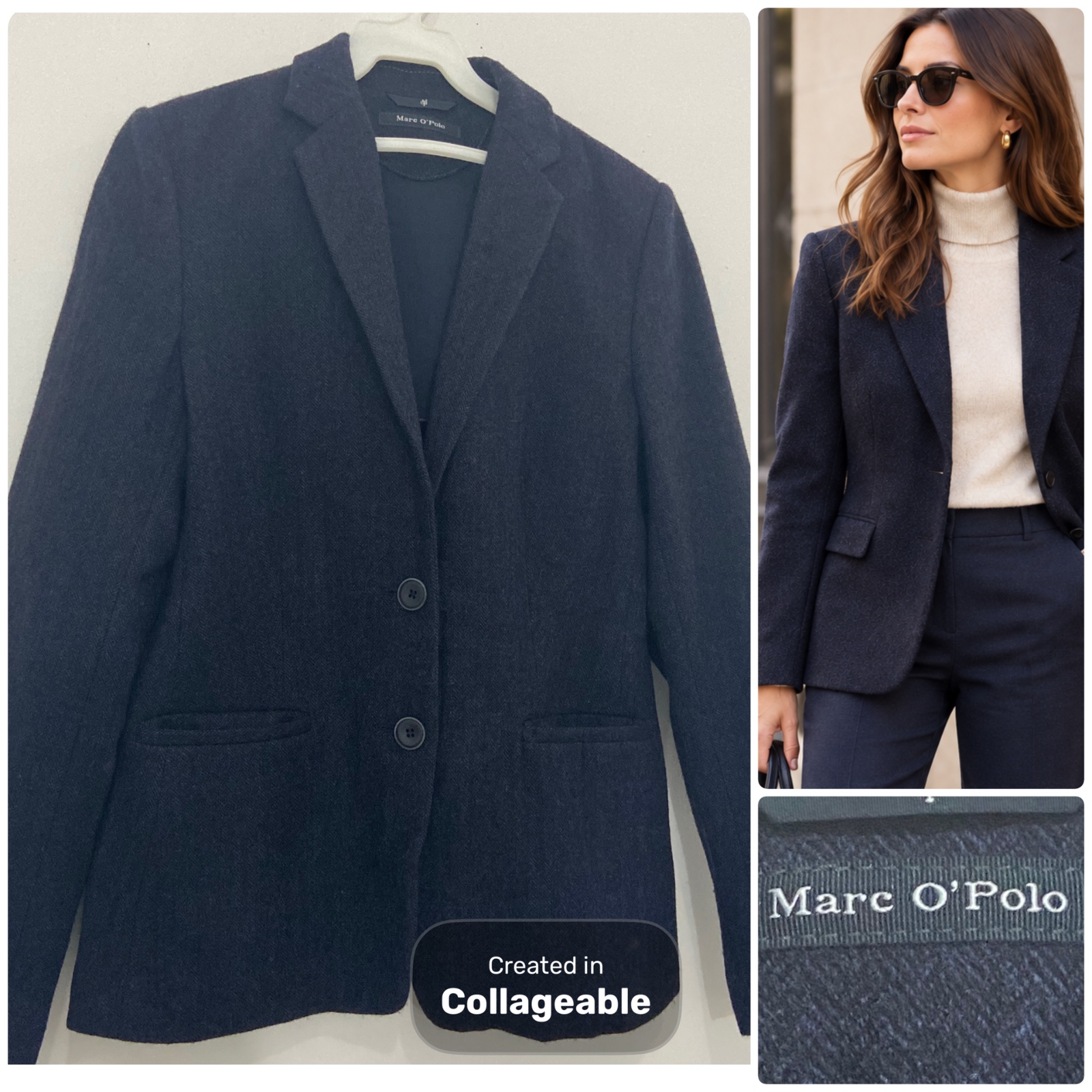 💙 Élégante blazer Marc O Polo  bleu marine en 100% laine, avec col à revers classique, fermeture à deux boutons et poches à rabat 💙