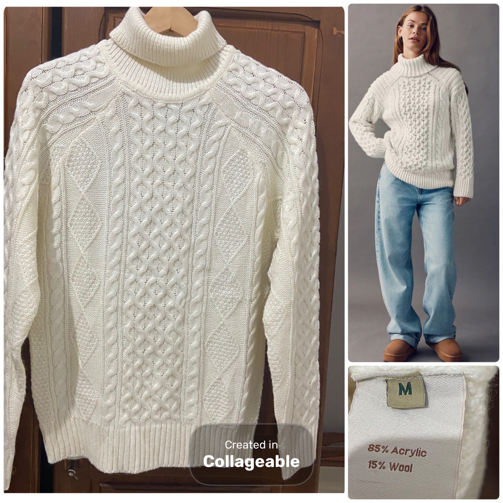 💛 Superbe pull d'hiver en maille torsadée de couleur blanc cassé / crème , a col roulé, chaud et confortable, 85% acrylique, 15% laine ,Taille M💛