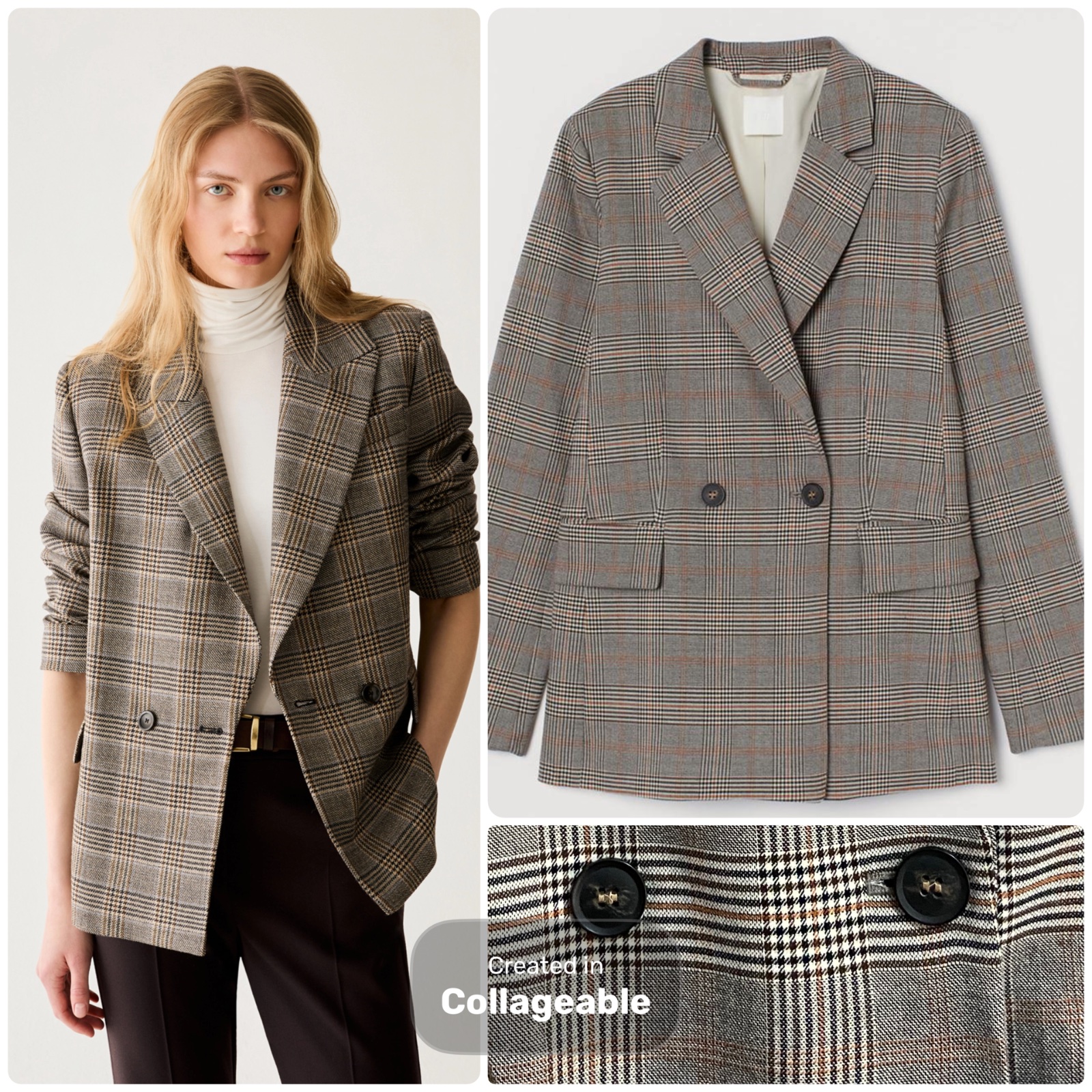 🤎Très joli blazer H&M  à carreaux dans de jolies tonalités taupe, marron et beige, avec une coupe structurée, double boutonnage et revers élégants. Deux poches à rabat sur le devant.🤎