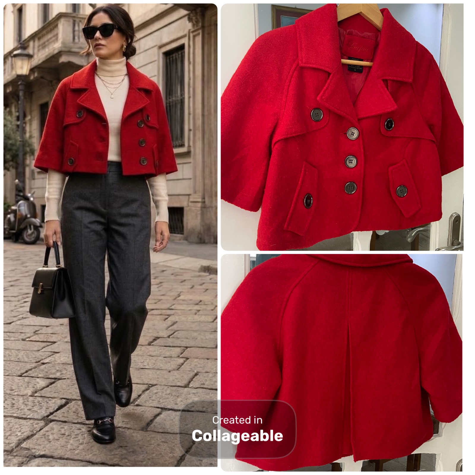 ❤️❤️ Très jolie veste manteau rouge tendance , courte,   élégante en mélange de laine (30%), taille m. Une pièce chic et facile à porter, parfaite pour composer de beaux looks avec un pantalon taille haute, un jean ou une jupe.❤️❤️