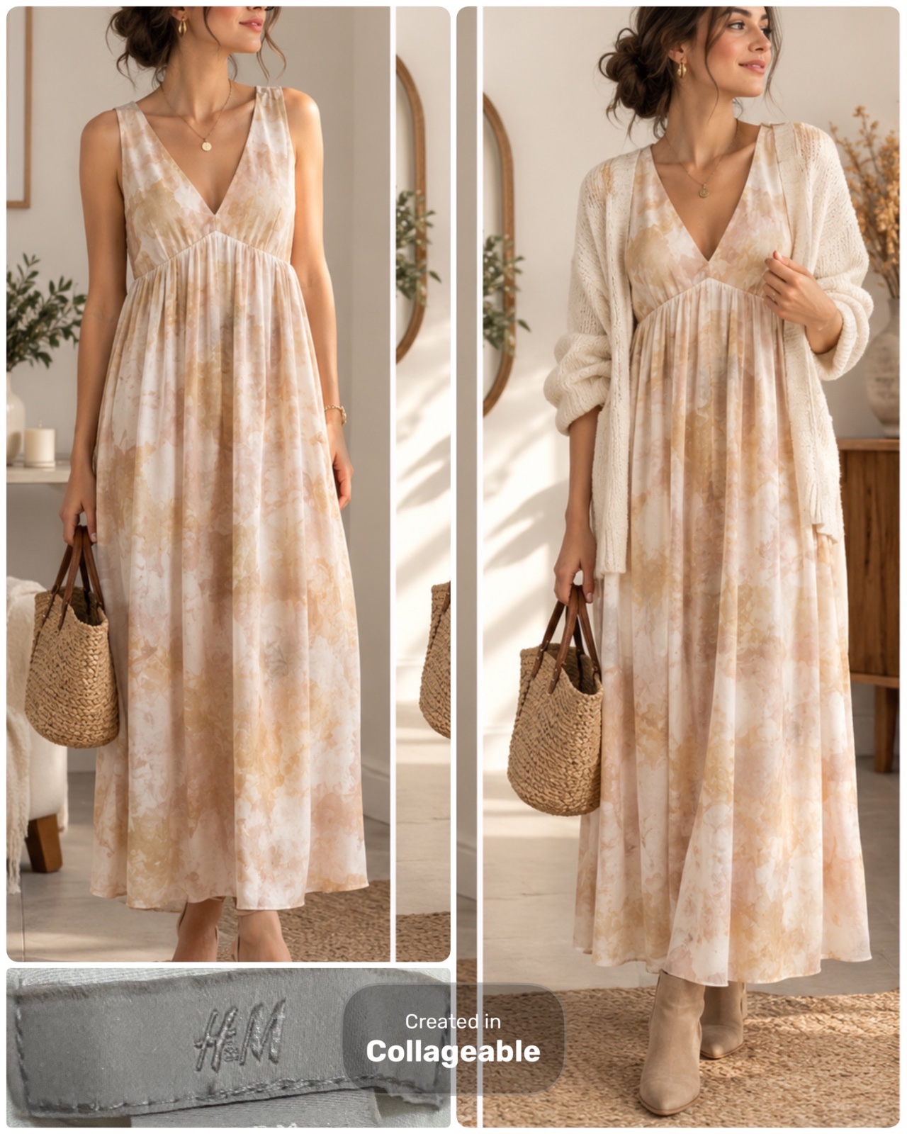 ❤️ Robe longue fluide h&m   Taille 40/42,  élégante et féminine dans de magnifiques tons beige, écru et nude, avec un joli imprimé effet aquarelle. Sa coupe fluide et légèrement évasée met joliment la silhouette en valeur❤️❤️