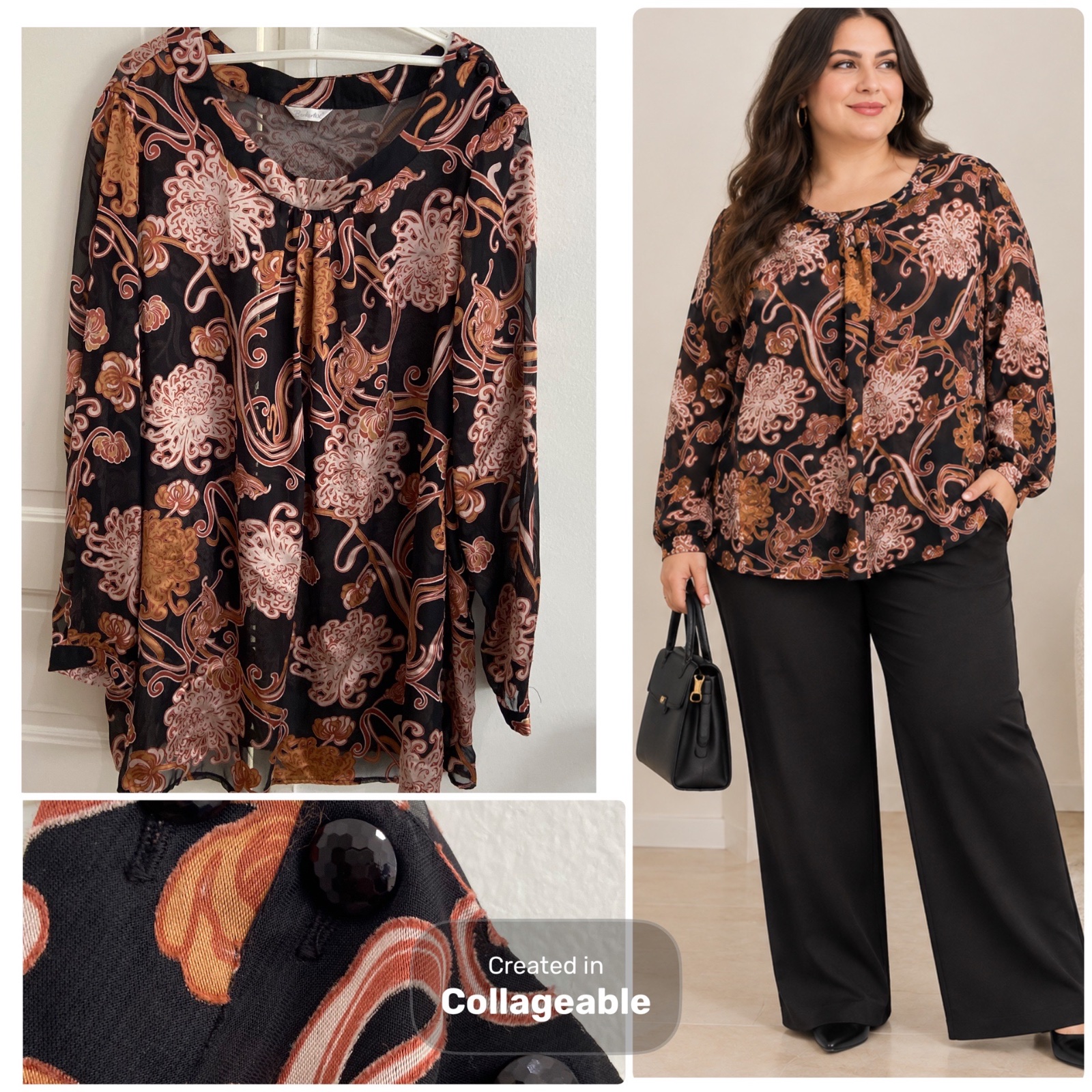 🖤Jolie bouse fluide taille 50   a imprimé baroque et floral dans des tons noir, camel, beige et vieux rose. Coupe ample et confortable, encolure ronde légèrement froncée et manches longues. 🧡🧡