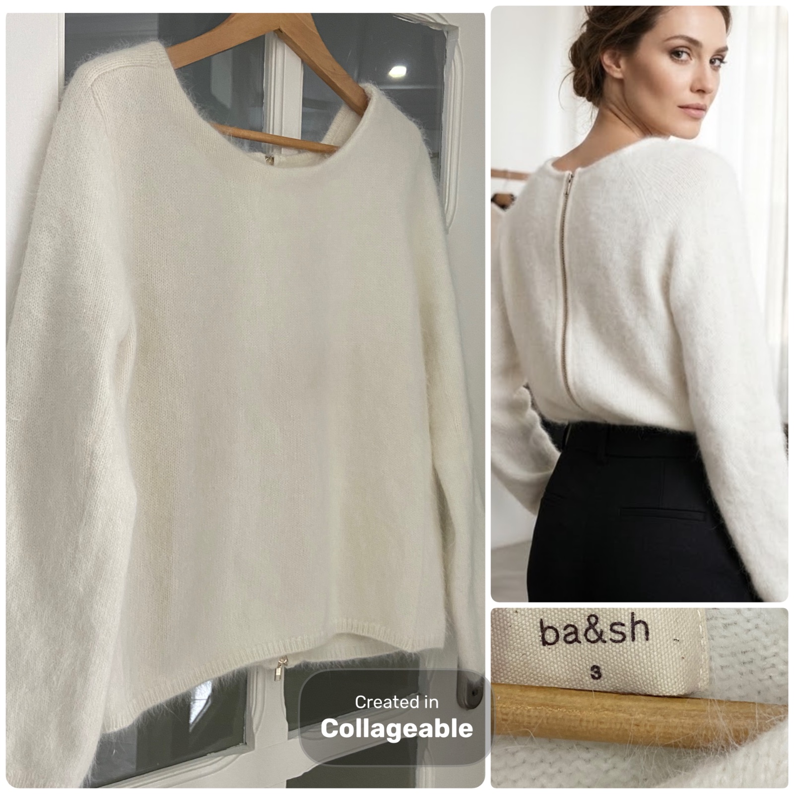 💛Joli Pull ecru ba&sh en maille douce et duveteuse, confectionné principalement en 56%  laine d’angora. Il présente une encolure arrondie,  une fermeture zippée intégrale à double sens dans le dos.💛