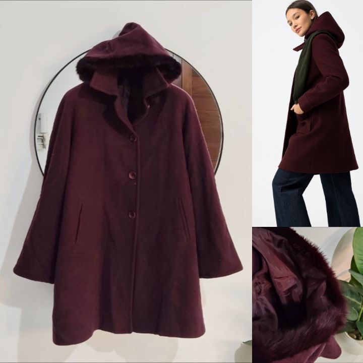 Manteau bordeau 💯 laine vierge avec capuche 