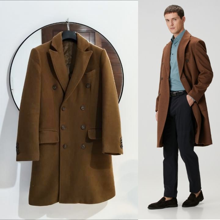 Manteau Homme  marron double boutonnage avec laine Neuf 
