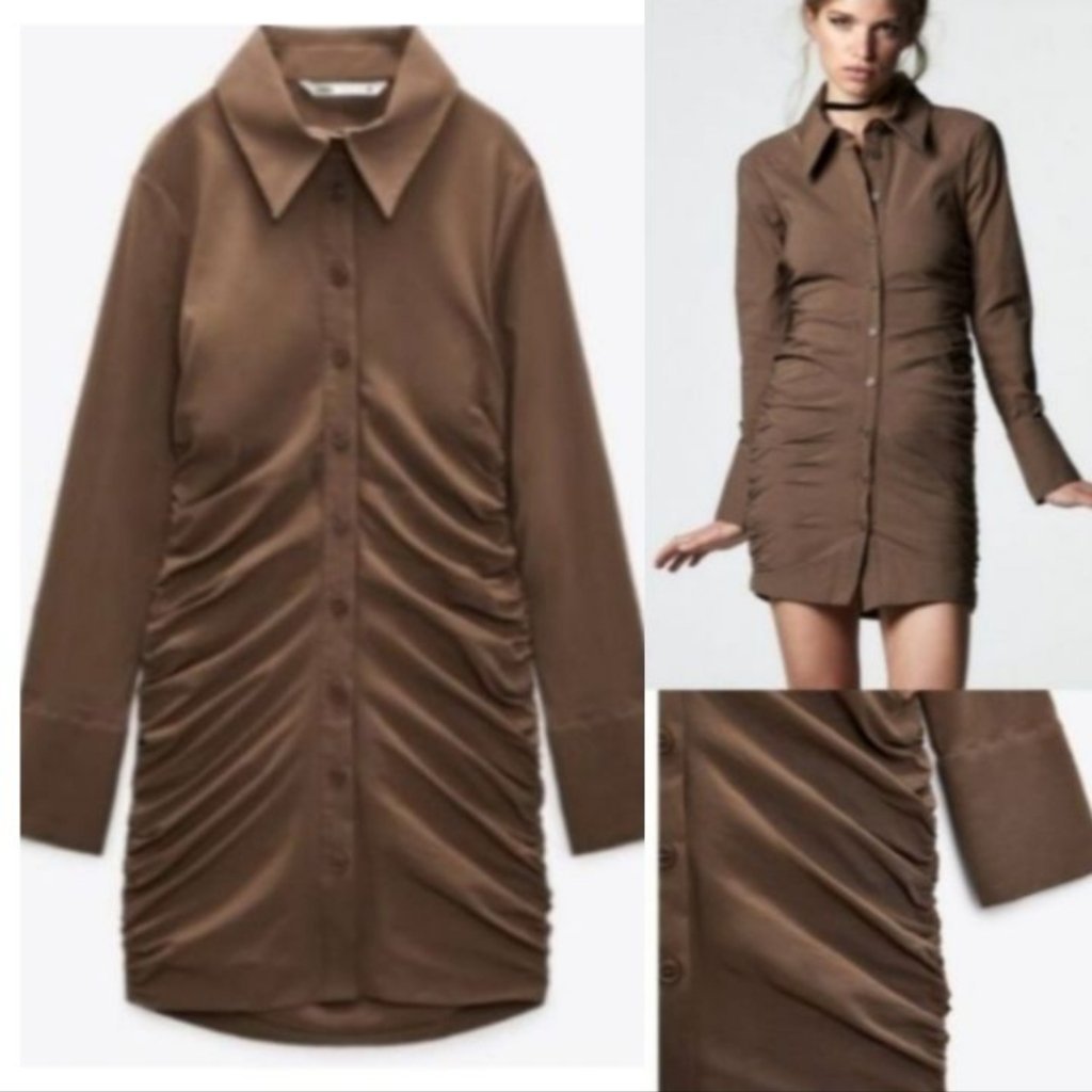 Zara robe chemise marron froncée Lycra 