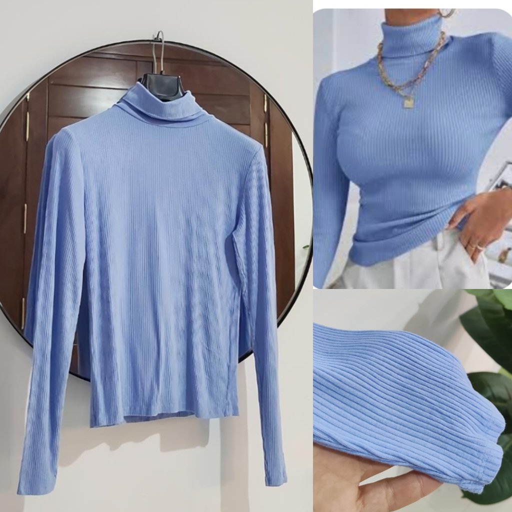 Joli pull bleu ciel côtelé basique 