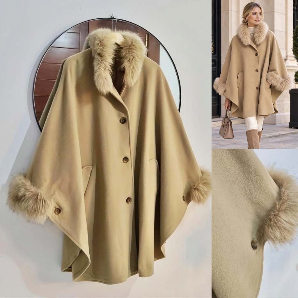 Manteau cape laine+cashemire+ fourrure véritable