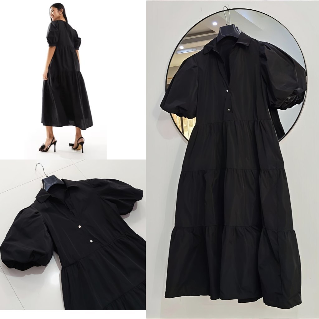 Robe longue à manches bouffantes et boutons dorés chic 