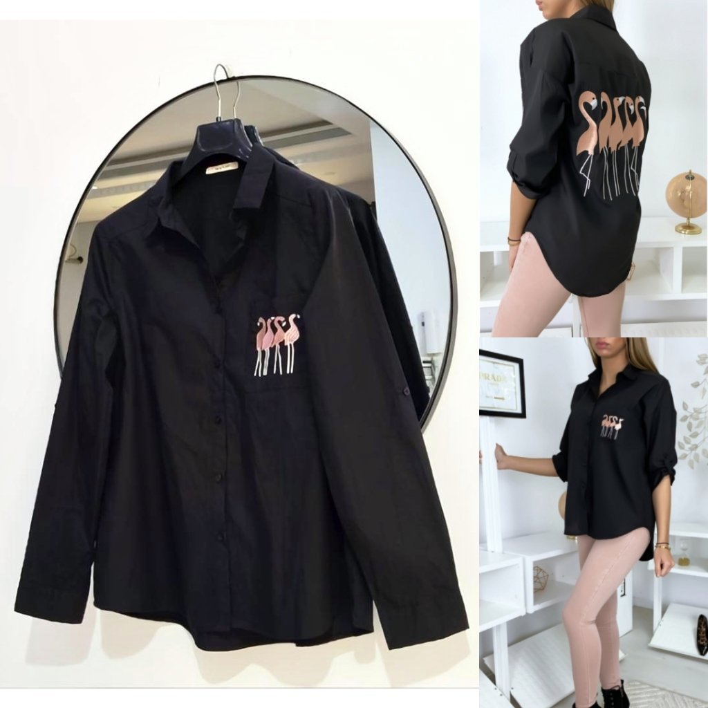 Chemise brodée flamant rose 