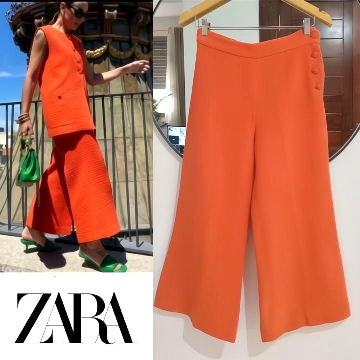 Pantalon Zara large Taille haute,tweed Orange avec boutons 
