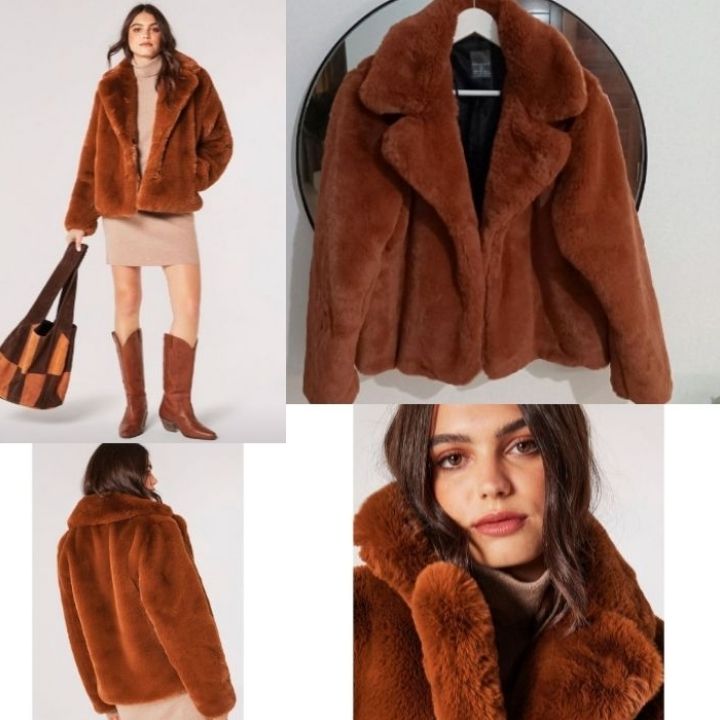 Manteau fourrure rouge brique bouffant matelassé très chic 