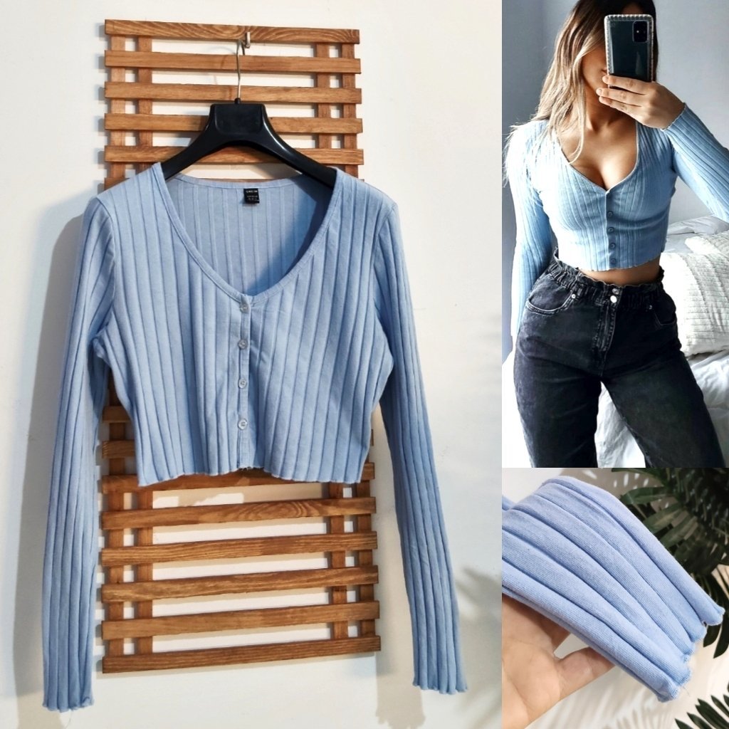 Cardigan crop côtelé bleu ciel neuf
