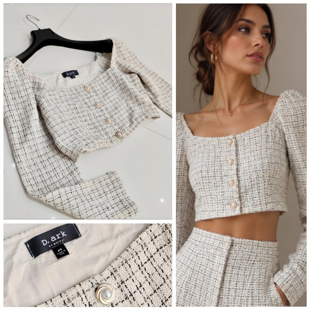 Veste crop effet tweed avec boutons dorés neuf 